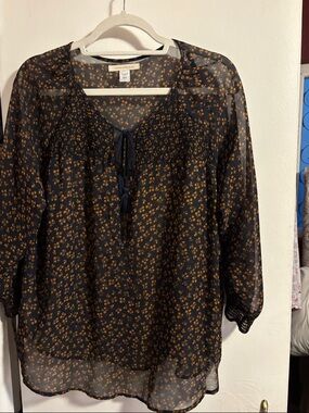 Canyon River Blues Navy Blouse with Mustard Floral Print